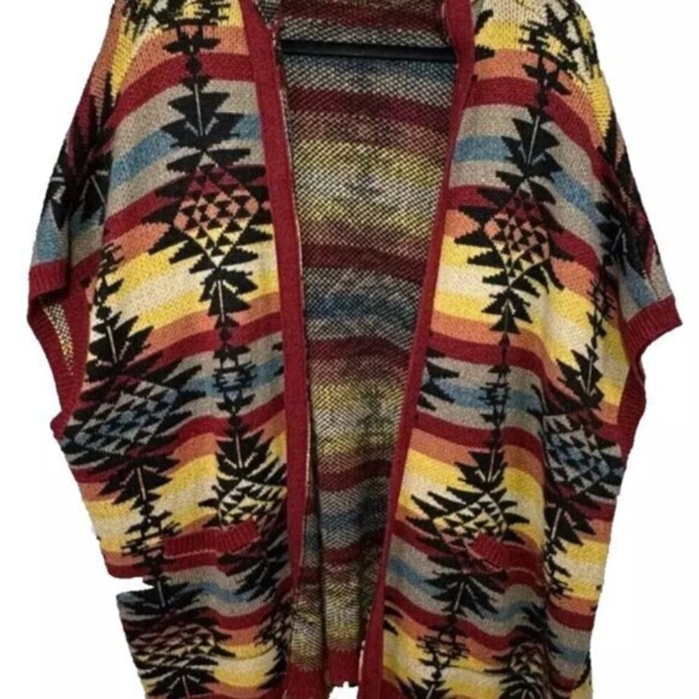 American Eagle Southwest Fringe Trim Hooded Open Blanket Cardigan Sweater Open S